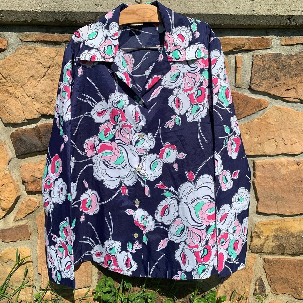 Vintage Floral button down secretary shirt blouse shirt Poly Pink Blue